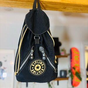 Authentic Y2K Kipling Backpack – Black & Gold Crinkle Nylon